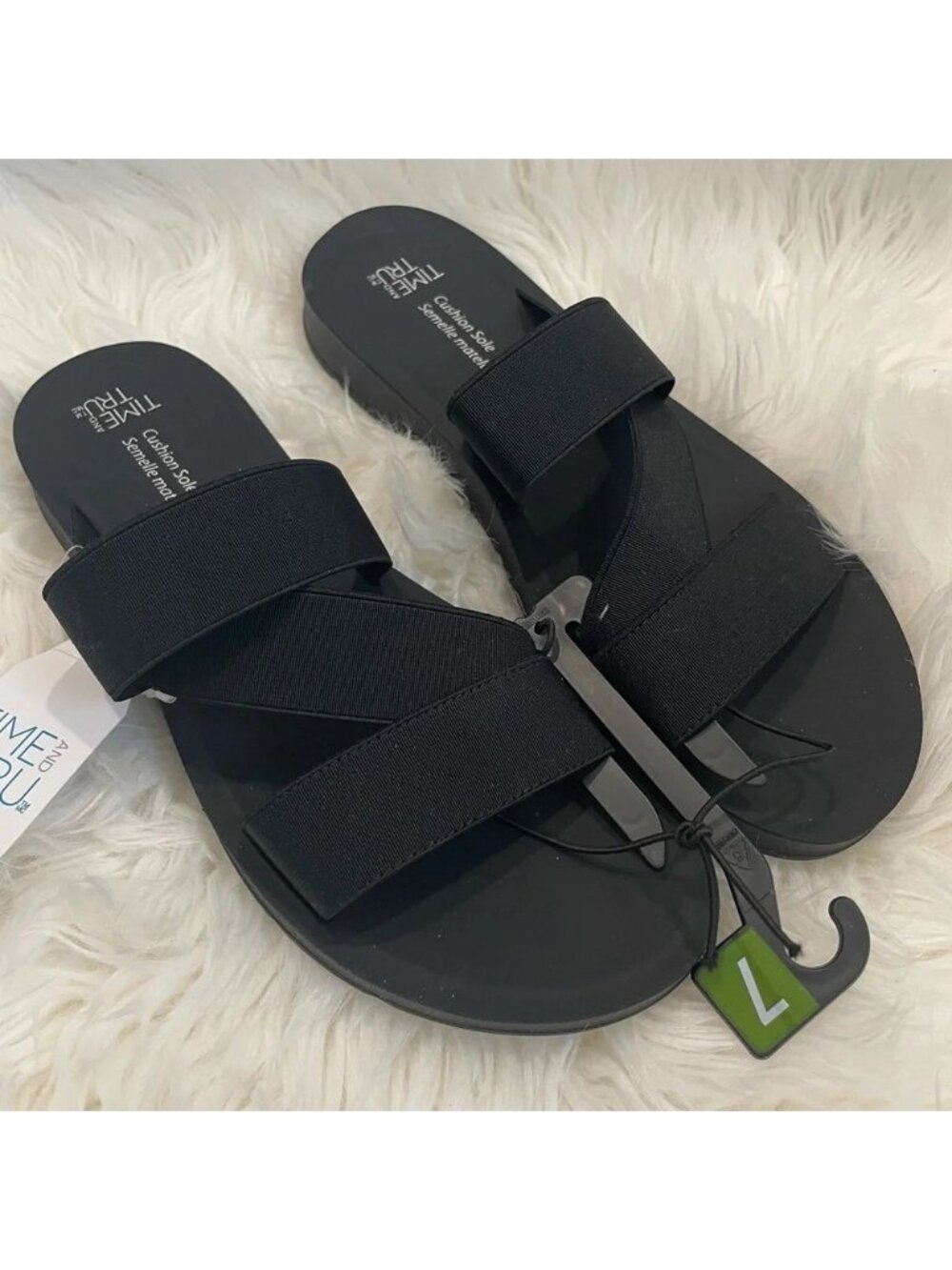 NEW Time and Tru Black Strappy Cushion Sole Slide Sandals - Size 7